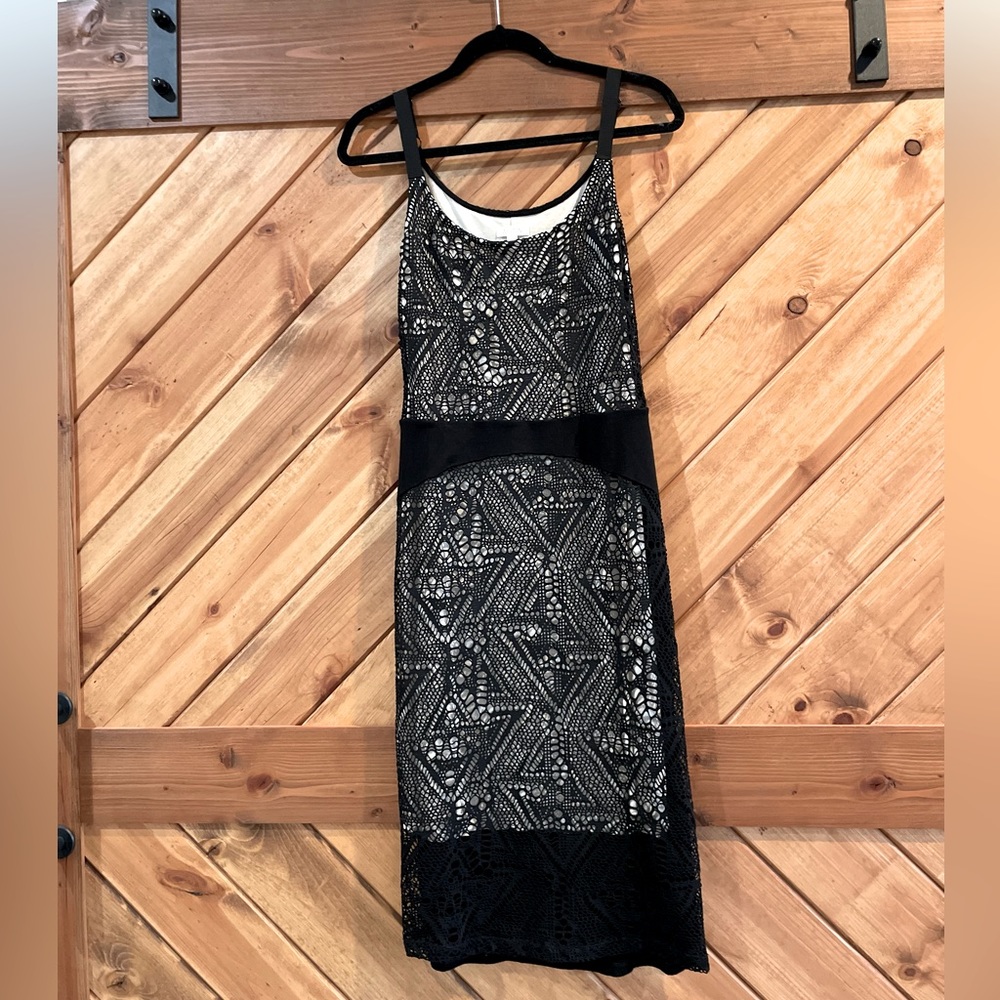 Weston #LBD Little Black Dress. crocheted with ivory inlaid. Size small.